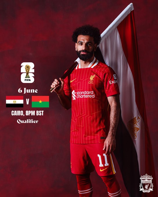 Graphic of Mo Salah, who could feature for Egypt this evening as they face Burkina Faso in Africa World Cup Qualifiers.The graphic includes photography of Salah holding a Egypt flag over his shoulder.The match will kick-off today (Thursday 6th June) and will kick-off at 8pm BST.