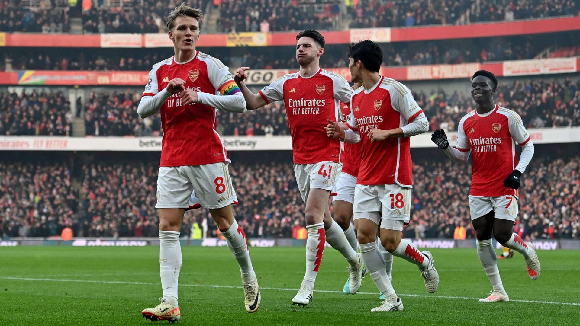 Arsenal celebrating Martin Odegaard goal Arsenal 2023-24