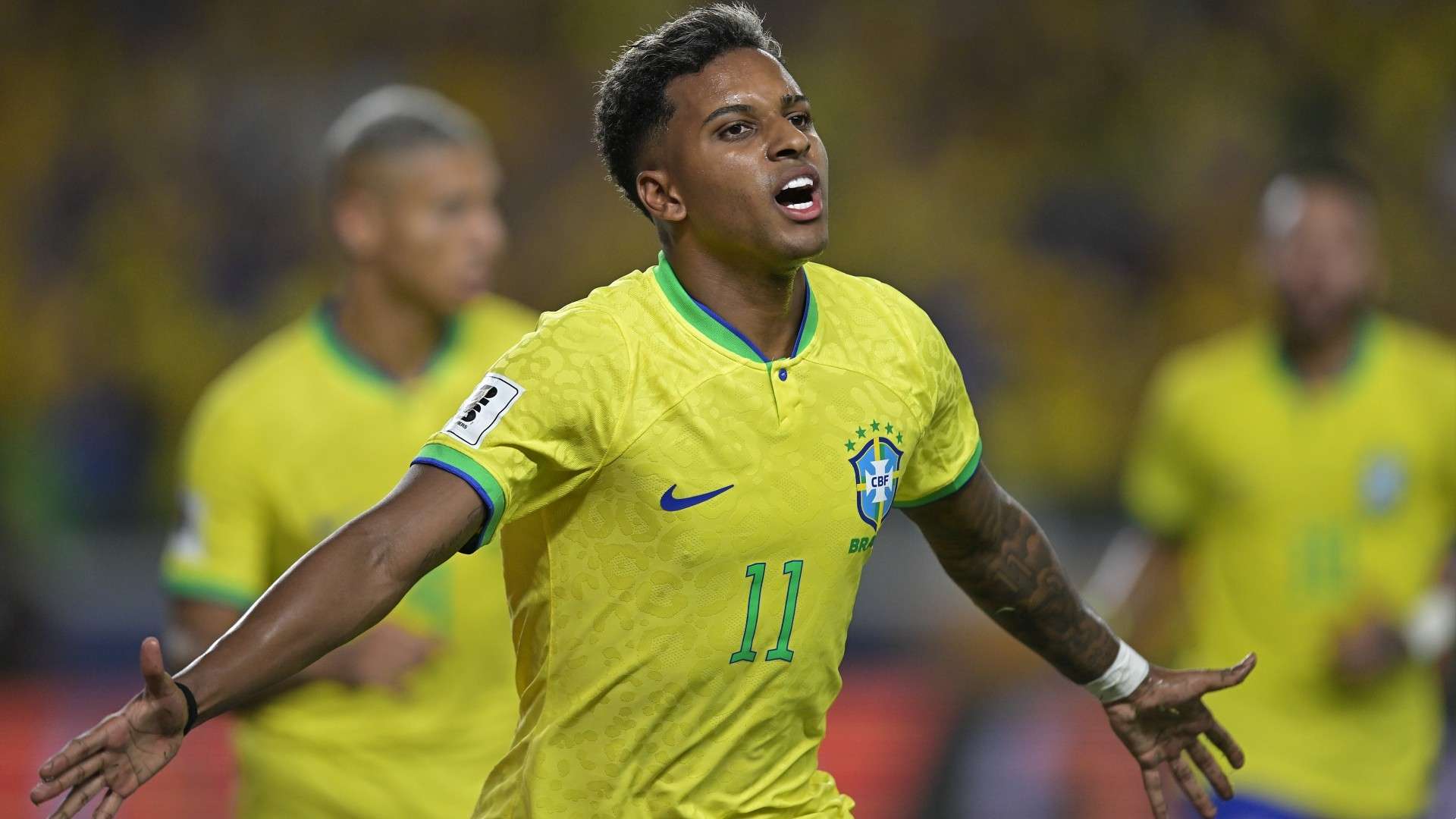 Rodrygo of Brazil celebrates